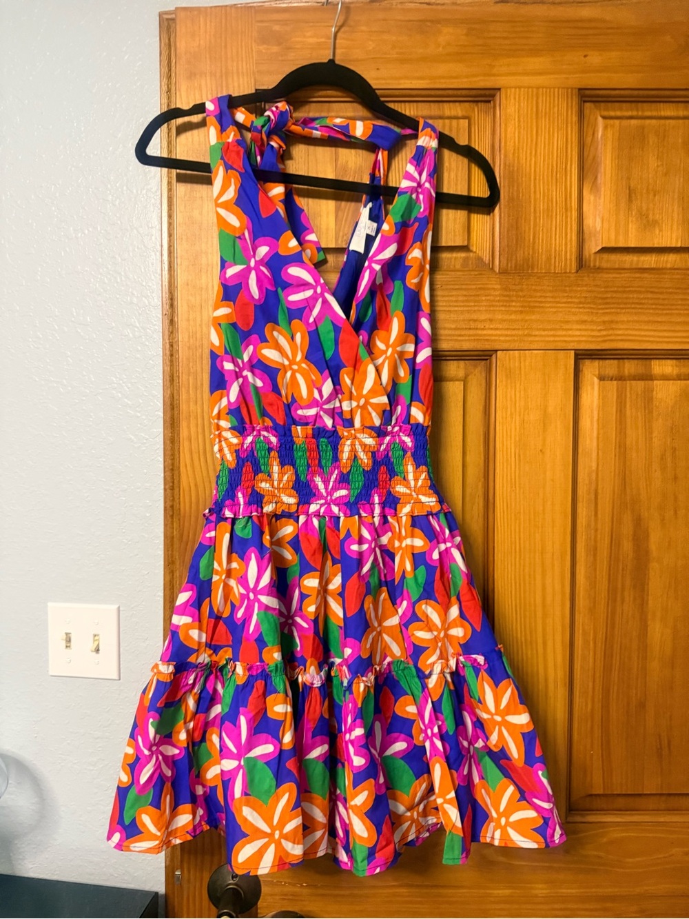 Peach Love California Bold Floral Tie-Neck Dress — Purple, Orange, Pink & Green